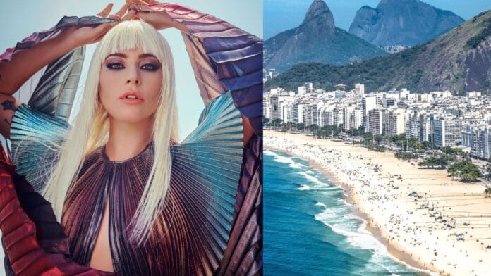 foto de Lady Gaga e ao lado a praia de Copacabana